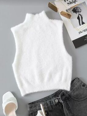 SHEIN White Fuzzy Mock Neck Sleeveless Tank